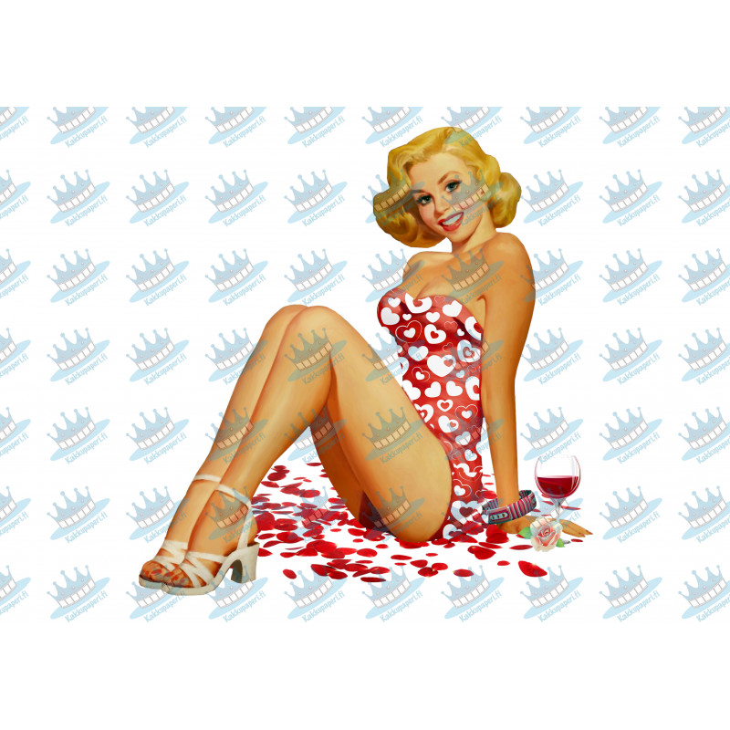 Pin-up model with rose petals - Edible cake topper