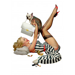 Pin-up model playing with a dog - Edible cake topper