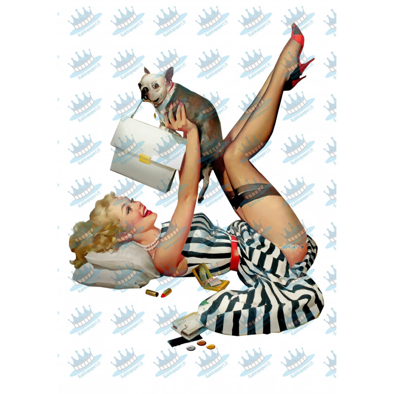 Pin-up model playing with a dog - Edible cake topper