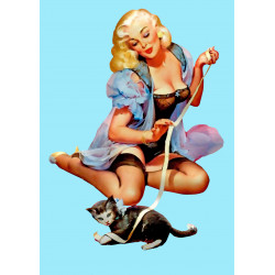 Pin-up model playing with a kitten - Edible cake topper