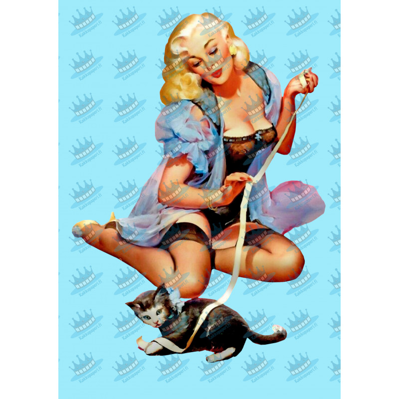 Pin-up model playing with a kitten - Edible cake topper