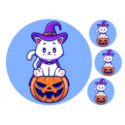 White Cat Sitting On Pumpkin - Edible cake topper