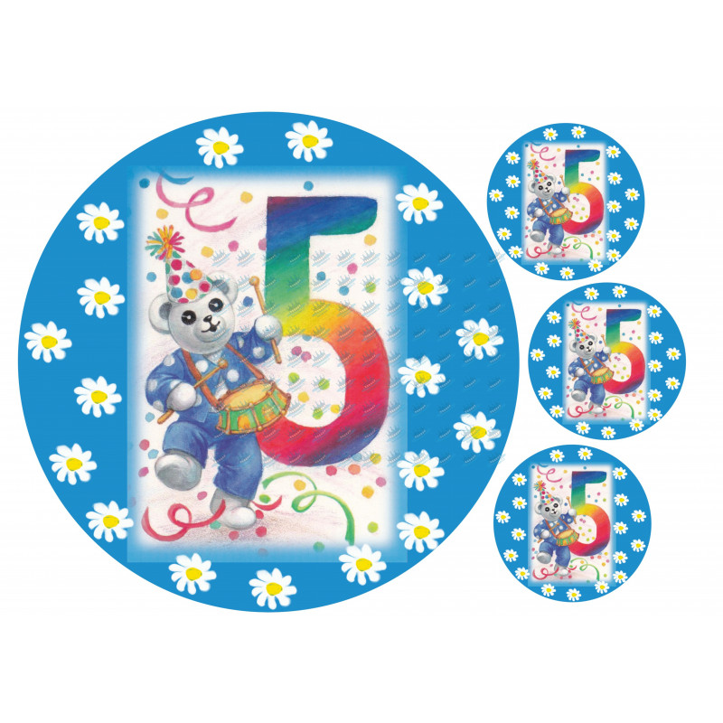 Ti-TI Bear 5 years birthday blue - edible cake topper