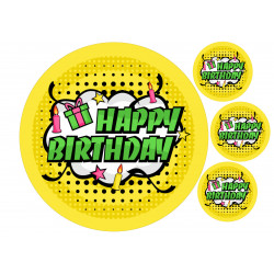 Yellow pop art Happy birthday - Edible cake topper