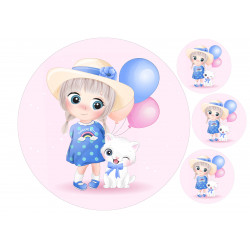 A girl with a kitten and balloons  - Edible cake topper