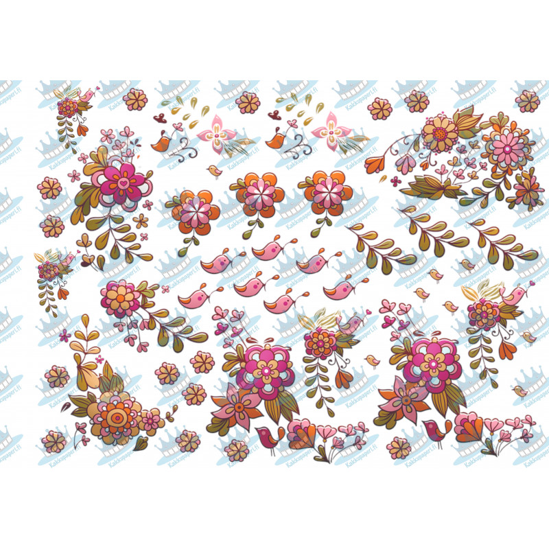 Tecknade blommor och fåglar - Ätbar tårtabild för tårta