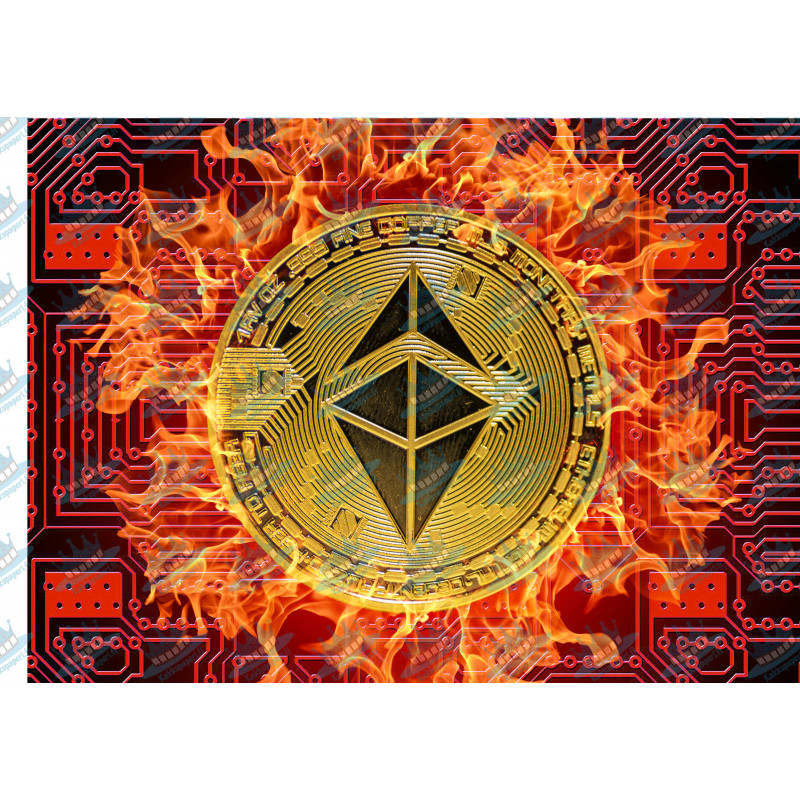 Flaming golden Ethereum rectangle cake topper